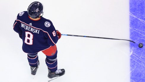 Feb 23, 2019; Columbus, OH, USA; Columbus Blue Jackets defenseman Zach Werenski (8) against the San Jose Sharks at Nationwide Arena.