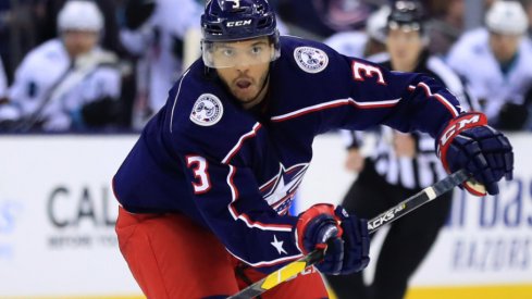 Columbus Blue Jackets defenseman Seth Jones makes a play at Nationwide Arena against the San Jose Sharks in February of 2019.