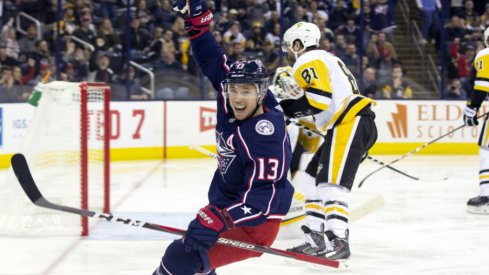 Columbus Blue Jackets forward Cam Atkinson celebrates after scoring a goal against the Pittsburgh Penguins at Nationwide Arena in March of 2019.
