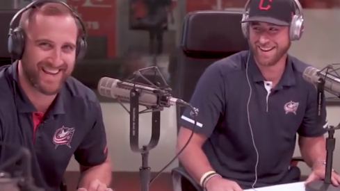 Brandon Dubinsky and Nick Foligno get interviewed at Cleveland Browns training camp as they tour the facility.