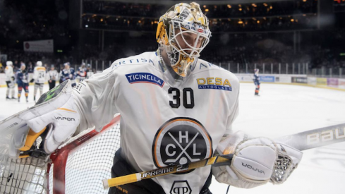 Blue Jackets goaltender Elvis Merzlikins looks on during a game with HC Lugano.