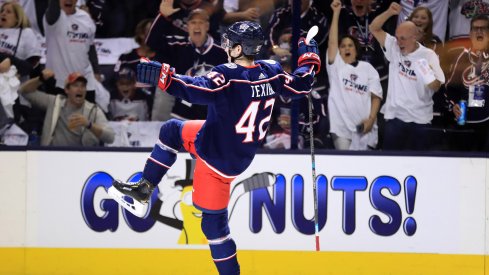 Columbus Blue Jackets center Alexandre Texier (42) against the Tampa Bay Lightning in game four of the first round of the 2019 Stanley Cup Playoffs at Nationwide Arena.