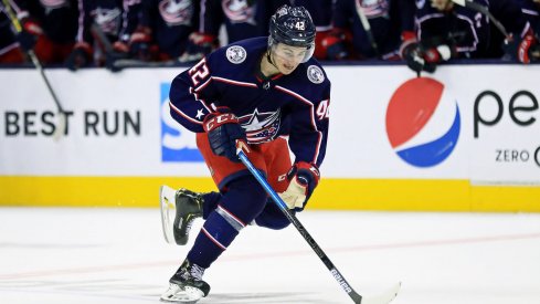 Apr 16, 2019; Columbus, OH, USA; Columbus Blue Jackets center Alexandre Texier (42) against the Tampa Bay Lightning in game four of the first round of the 2019 Stanley Cup Playoffs at Nationwide Arena.