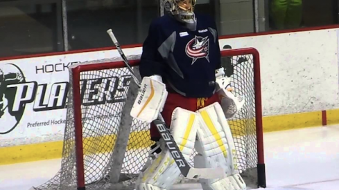 Columbus Blue Jackets goaltender Elvis Merzlikins looks on during a drill at Development Camp in Columbus, Ohio.