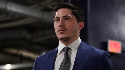 Columbus, OH, USA; Columbus Blue Jackets defenseman Zach Werenski (8) enters the arena prior to game four of the first round of the 2019 Stanley Cup Playoffs against the Tampa Bay Lightning at Nationwide Arena.