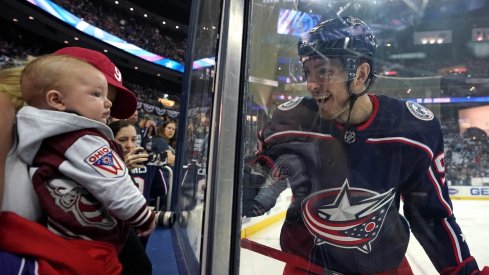 May 2, 2019; Columbus, OH, USA; Columbus Blue Jackets center Matt Duchene (95) reacts to his wife and son prior to game four against the Boston Bruins in the second round of the 2019 Stanley Cup Playoffs at Nationwide Arena.