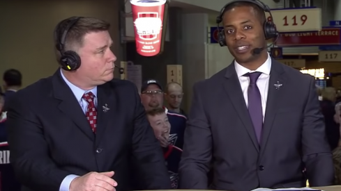 Jean-Luc Grand-Pierre speaks with Bob McElligott before Game 4 of the Stanley Cup Playoffs at Nationwide Arena.