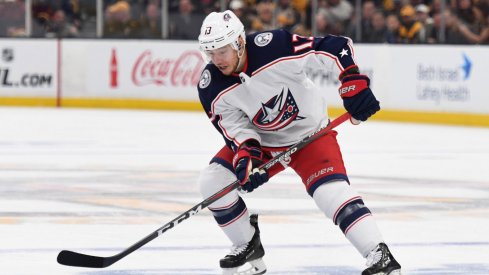 Apr 27, 2019; Boston, MA, USA; Columbus Blue Jackets right wing Cam Atkinson (13) handles the puck during the first period in game two of the second round of the 2019 Stanley Cup Playoffs against the Boston Bruins at TD Garden.