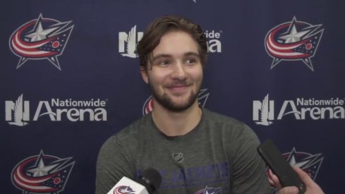 Columbus Blue Jackets forward Emil Bemstrom meets with the media prior to the team's second preseason game in September of 2019.