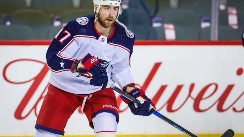 Columbus Blue Jackets center Brandon Dubinsky skates during warmups at Scotiabank Arena.