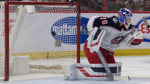 Columbus Blue Jackets goaltender Joonas Korpisalo is pictured making a save against the Ottawa Senators during the 2019 regular-season finale.