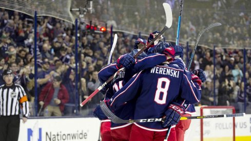 The Columbus Blue Jackets celebrate a goal scored by Zach Werenski against the Ottawa Senators at Nationwide Arena.