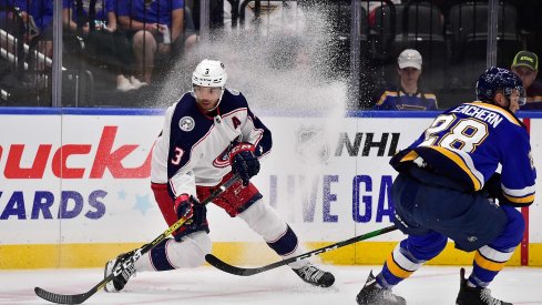 Sep 22, 2019; St. Louis, MO, USA; Columbus Blue Jackets defenseman Seth Jones (3) handles the puck as St. Louis Blues left wing Mackenzie MacEachern (28) defends during the second period at Enterprise Center.