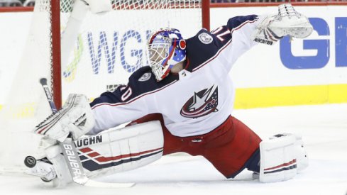 Columbus Blue Jackets goaltender Joonas Korpisalo makes a save in a regular-season matchup against the Washington Capitals at Capital One Arena in January of 2019.