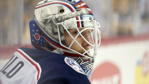 Columbus Blue Jackets goaltender Joonas Korpisalo looks on during a game against the Toronto Maple Leafs.