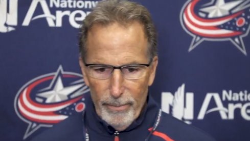 Head coach John Tortorella speaks to the assembled media after practice on October 10.