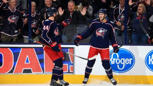 Oct 16, 2019; Columbus, OH, USA; Columbus Blue Jackets center Alexander Wennberg (10) celebrates with teammate defenseman Vladislav Gavrikov (44) after scoring a goal against the Dallas Stars in the first period at Nationwide Arena.