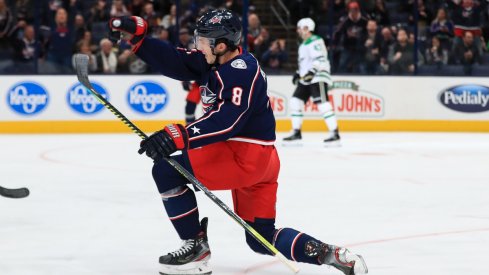 Zach Werenski celebrates his 40th career goal