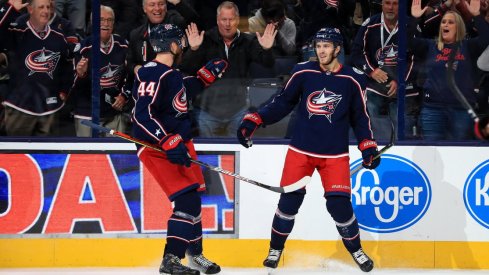 Columbus Blue Jackets center Alexander Wennberg celebrates a goal scored against the Dallas Stars at Nationwide Arena.