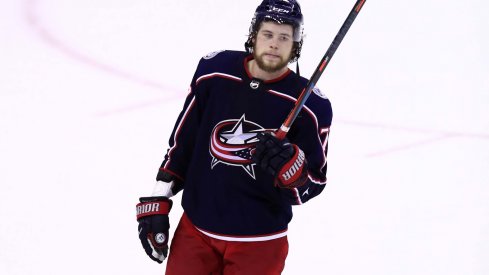 Columbus Blue Jackets right wing Josh Anderson (77) waves to fans after being defeated by the Boston Bruins in game six of the second round of the 2019 Stanley Cup Playoffs at Nationwide Arena