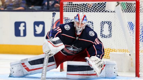 Oct 16, 2019; Columbus, OH, USA; Columbus Blue Jackets goaltender Joonas Korpisalo (70) dives to make a save in net against the Dallas Stars in the second period at Nationwide Arena.
