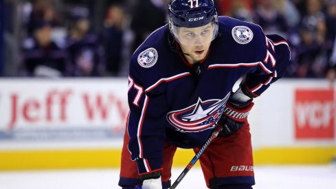 Columbus, OH, USA; Columbus Blue Jackets right wing Josh Anderson (77) against the San Jose Sharks at Nationwide Arena.