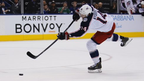 Columbus Blue Jackets forward Gustav Nyquist (14) scores the game winning goal against the Toronto Maple Leafs on a penalty shot at Scotiabank Arena. Columbus defeated Toronto in overtime. 