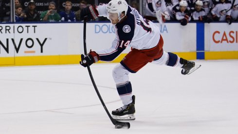 Oct 21, 2019; Toronto, Ontario, CAN; Columbus Blue Jackets forward Gustav Nyquist (14) scores the game wiining goal against the Toronto Maple Leafs on a penalty shot at Scotiabank Arena. Columbus defeated Toronto in overtime. Mandatory Credit: John E. Sokolowski-USA TODAY Sports