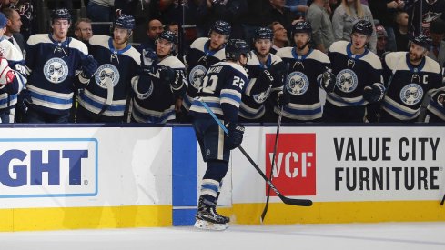 Oct 24, 2019; Columbus, OH, USA; Columbus Blue Jackets left wing Sonny Milano (22) celebrates a goal against the Carolina Hurricanes during the second period at Nationwide Arena.