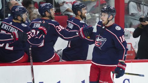 Pierre-Luc Dubois celebrates after a goal