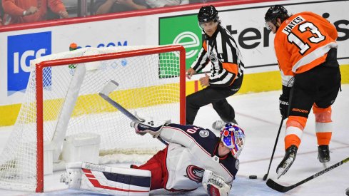 Oct 26, 2019; Philadelphia, PA, USA; Philadelphia Flyers right wing Kevin Hayes (13) scores a short-handed goal past Columbus Blue Jackets goaltender Joonas Korpisalo (70) during the third period at Wells Fargo Center.
