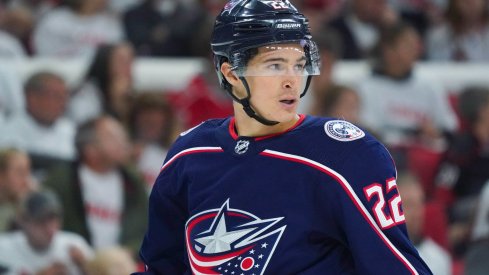 Columbus Blue Jackets left wing Sonny Milano (22) looks on against the Carolina Hurricanes at PNC Arena. The Columbus Blue Jackets defeated the Carolina Hurricanes 3-2. Mandatory Credit: James Guillory-USA TODAY Sports