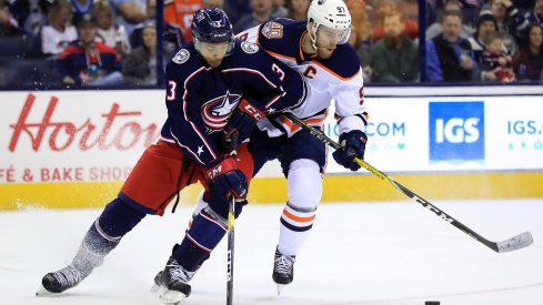 Columbus Blue Jackets defenseman Seth Jones (3) skates against Edmonton Oilers center Connor McDavid (97) in the first at Nationwide Arena.