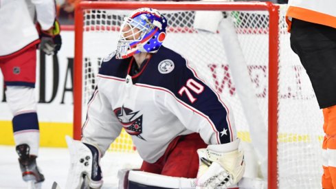 Columbus Blue Jackets goaltender Joonas Korpisalo reacts after giving up a goal to Philadelphia Flyers forward James van Riemsdyk at the Wells Fargo Center in a regular-season matchup during October of 2019.