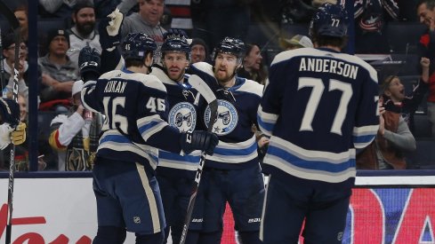 Columbus Blue Jackets center Boone Jenner (38) celebrates a goal against the Vegas Golden Knights during the second period at Nationwide Arena.