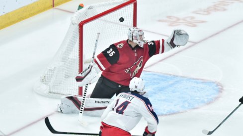 Nov 7, 2019; Glendale, AZ, USA; Columbus Blue Jackets center Gustav Nyquist (14) scores a goal past Arizona Coyotes goaltender Darcy Kuemper (35) in the first period at Gila River Arena.