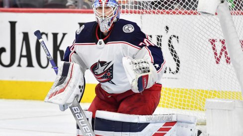 Oct 26, 2019; Philadelphia, PA, USA; Columbus Blue Jackets goaltender Joonas Korpisalo (70) against the Philadelphia Flyers at Wells Fargo Center.