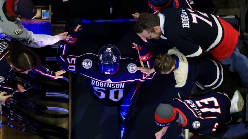 Feb 23, 2019; Columbus, OH, USA; Columbus Blue Jackets left wing Eric Robinson (50) against the San Jose Sharks at Nationwide Arena. Mandatory Credit: Aaron Doster-USA TODAY Sports