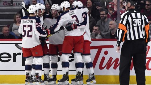 The newly-constructed Fourth Line celebrates a goal against the Montreal Canadiens