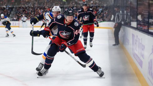 Nov 15, 2019; Columbus, OH, USA; St. Louis Blues left wing Mackenzie MacEachern (28) skates against Columbus Blue Jackets defenseman Vladislav Gavrikov (44) for the puck in the first period at Nationwide Arena.