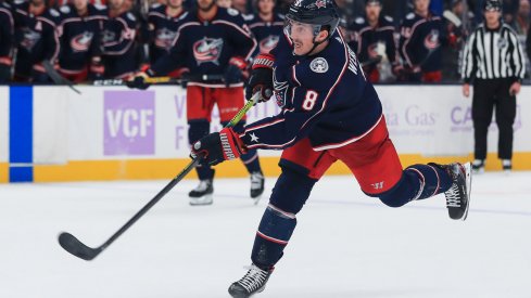 Nov 15, 2019; Columbus, OH, USA; Columbus Blue Jackets defenseman Zach Werenski (8) takes a shot on goal against the St. Louis Blues in the overtime period at Nationwide Arena. Mandatory Credit: Aaron Doster-USA TODAY Sports