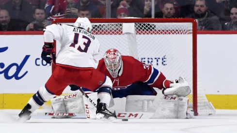 Nov 12, 2019; Montreal, Quebec, CAN; Columbus Blue Jackets forward Cam Atkinson (13) can not score against Montreal Canadiens goalie Carey Price (31) during the shootout period at the Bell Centre. Mandatory Credit: Eric Bolte-USA TODAY Sports