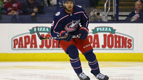 Columbus Blue Jackets defenseman Seth Jones (3) controls the puck against the Boston Bruins in the first period during game six of the second round of the 2019 Stanley Cup Playoffs at Nationwide Arena.