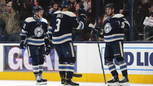 Nov 19, 2019; Columbus, OH, USA; Columbus Blue Jackets center Pierre-Luc Dubois (18) celebrates a goal against the Montreal Canadiens during the second period at Nationwide Arena.