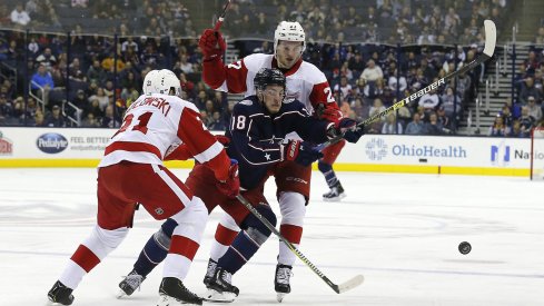 Oct 30, 2018; Columbus, OH, USA; Columbus Blue Jackets left wing Pierre-Luc Dubois (18) chips the puck by Detroit Red Wings defenseman Dennis Cholowski (21) and center Michael Rasmussen (27) during the second period at Nationwide Arena. Mandatory Credit: Russell LaBounty-USA TODAY Sports