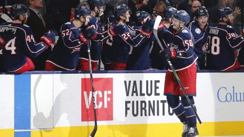 Nov 21, 2019; Columbus, OH, USA; Columbus Blue Jackets left wing Eric Robinson (50) celebrates after a goal against the Detroit Red Wings during the third period at Nationwide Arena.