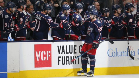 Nov 21, 2019; Columbus, OH, USA; Columbus Blue Jackets right wing Oliver Bjorkstrand (28) celebrates with teammates after scoring a goal during the third period against the Detroit Red Wings at Nationwide Arena. Mandatory Credit: Russell LaBounty-USA TODAY Sports