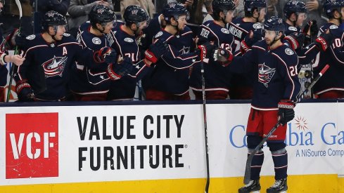 ; Columbus Blue Jackets right wing Oliver Bjorkstrand (28) celebrates a goal against the Ottawa Senators during the third period at Nationwide Arena. 