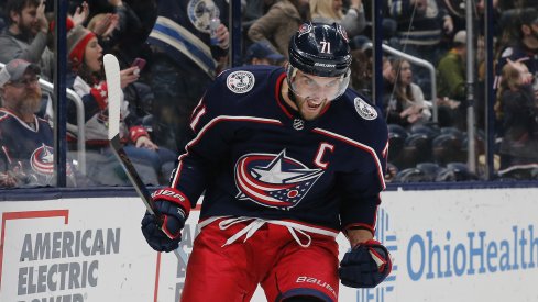 Nov 29, 2019; Columbus, OH, USA; Columbus Blue Jackets left wing Nick Foligno (71) celebrates after scoring a goal against the Pittsburgh Penguins during the second period at Nationwide Arena.