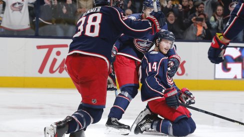 Columbus Blue Jackets right wing Gustav Nyquist (14) celebrates after a goal against the Pittsburgh Penguins during the second period at Nationwide Arena. 